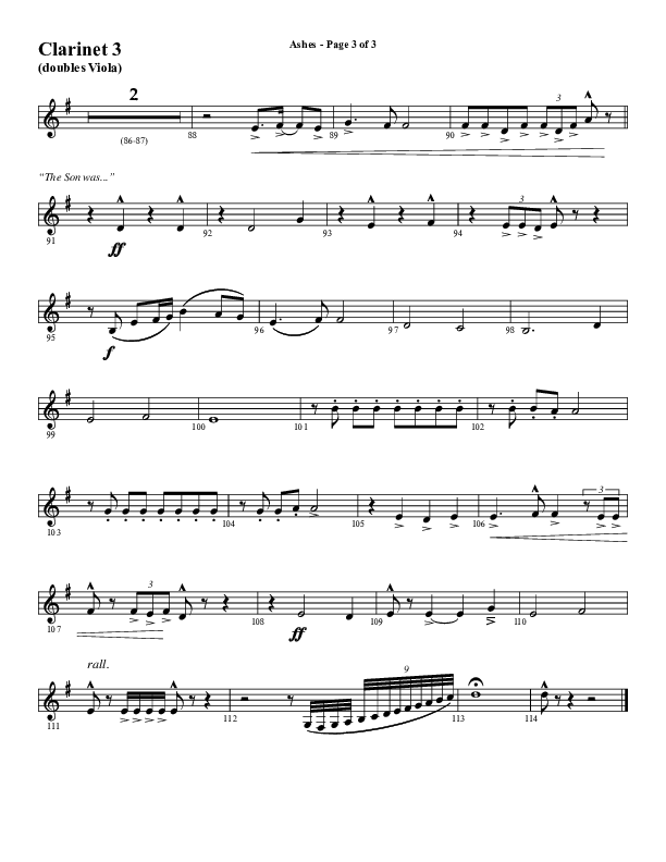 Ashes (Choral Anthem SATB) Clarinet 3 (Word Music Choral / Arr. J. Daniel Smith)