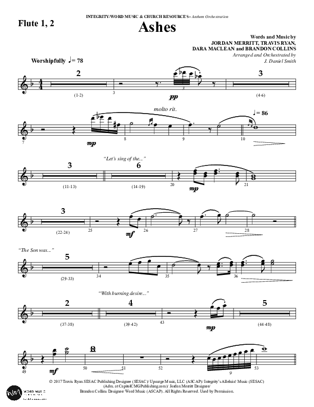 Ashes (Choral Anthem SATB) Flute 1/2 (Word Music Choral / Arr. J. Daniel Smith)