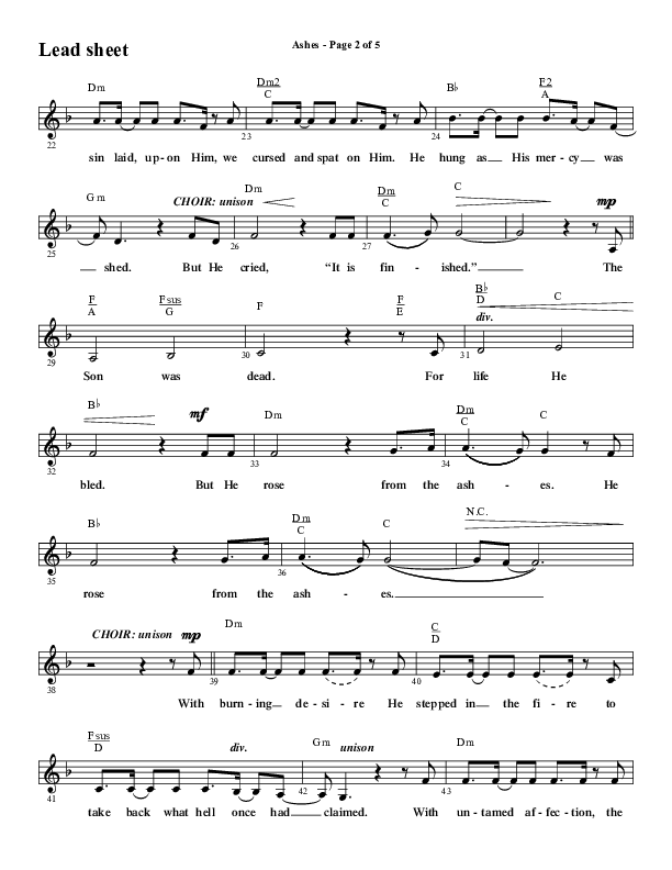 Ashes (Choral Anthem SATB) Lead Sheet (Melody) (Word Music Choral / Arr. J. Daniel Smith)