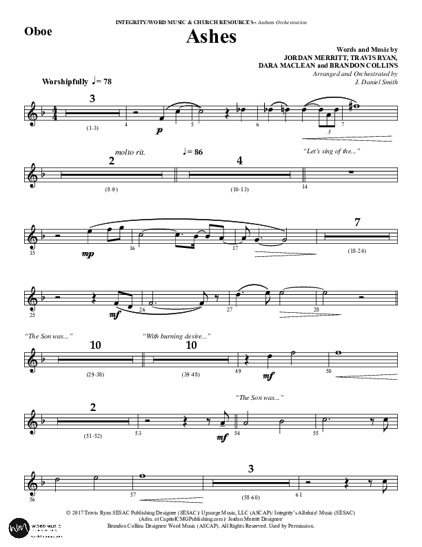 Ashes (Choral Anthem SATB) Oboe (Word Music Choral / Arr. J. Daniel Smith)