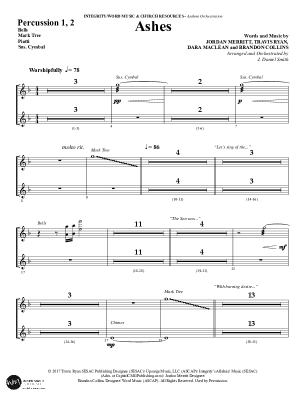 Ashes (Choral Anthem SATB) Percussion 1/2 (Word Music Choral / Arr. J. Daniel Smith)