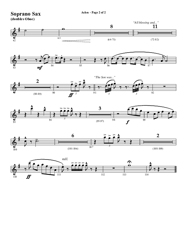 Ashes (Choral Anthem SATB) Soprano Sax (Word Music Choral / Arr. J. Daniel Smith)