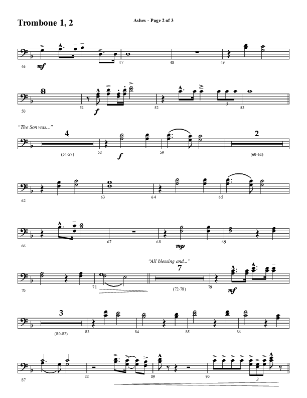 Ashes (Choral Anthem SATB) Trombone 1/2 (Word Music Choral / Arr. J. Daniel Smith)