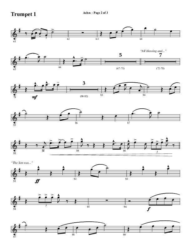 Ashes (Choral Anthem SATB) Trumpet 1 (Word Music Choral / Arr. J. Daniel Smith)