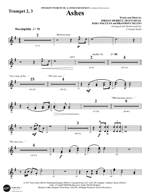 Ashes (Choral Anthem SATB) Trumpet 2/3 (Word Music Choral / Arr. J. Daniel Smith)