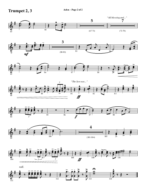 Ashes (Choral Anthem SATB) Trumpet 2/3 (Word Music Choral / Arr. J. Daniel Smith)
