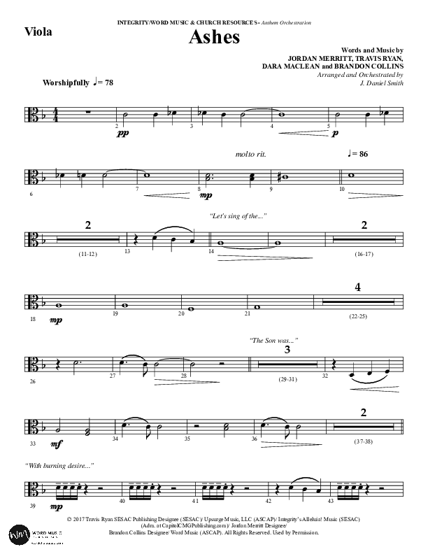 Ashes (Choral Anthem SATB) Viola (Word Music Choral / Arr. J. Daniel Smith)