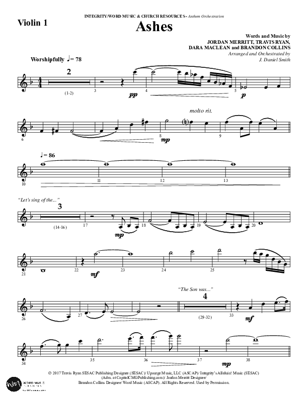 Ashes (Choral Anthem SATB) Violin 1 (Word Music Choral / Arr. J. Daniel Smith)