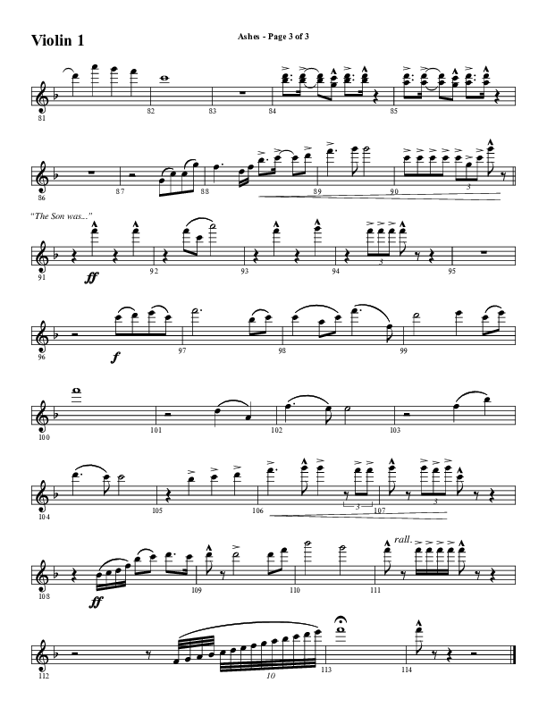 Ashes (Choral Anthem SATB) Violin 1 (Word Music Choral / Arr. J. Daniel Smith)