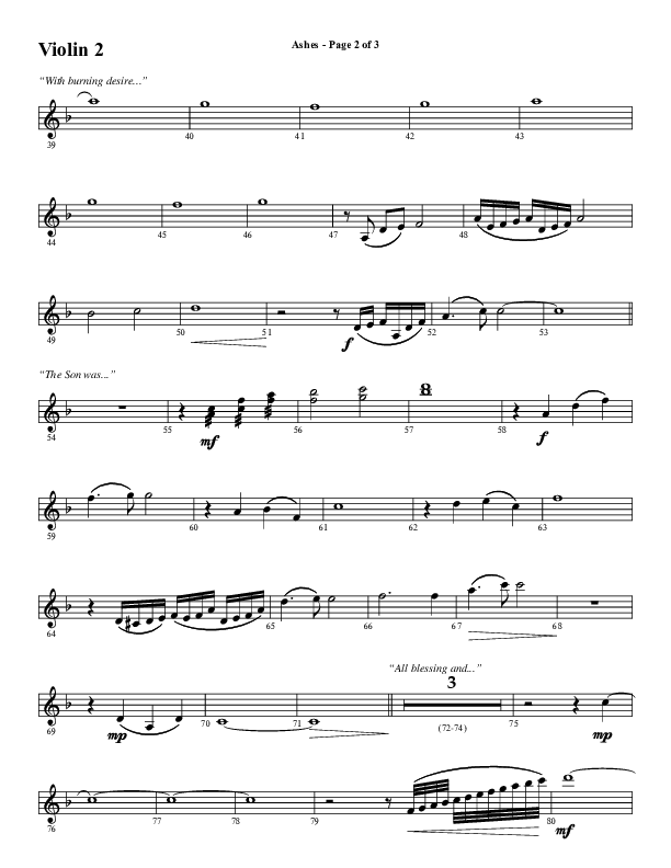Ashes (Choral Anthem SATB) Violin 2 (Word Music Choral / Arr. J. Daniel Smith)