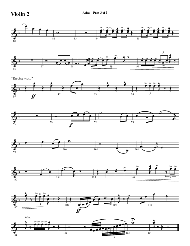 Ashes (Choral Anthem SATB) Violin 2 (Word Music Choral / Arr. J. Daniel Smith)