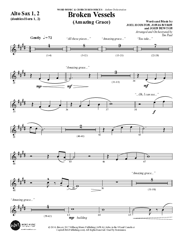 Broken Vessels (Amazing Grace) (Choral Anthem SATB) Alto Sax 1/2 (Word Music Choral / Arr. Tim Paul)