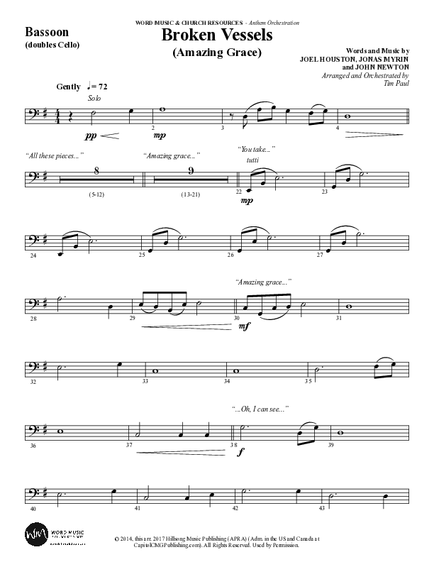 Broken Vessels (Amazing Grace) (Choral Anthem SATB) Bassoon (Word Music Choral / Arr. Tim Paul)