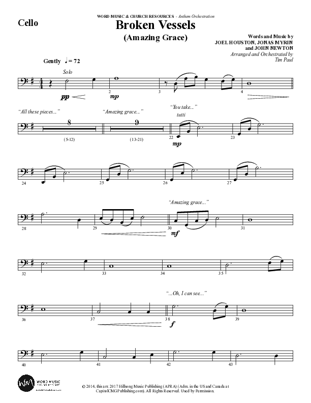 Broken Vessels (Amazing Grace) (Choral Anthem SATB) Cello (Word Music Choral / Arr. Tim Paul)