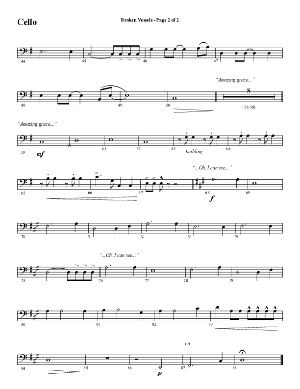 Broken Vessels (Amazing Grace) (Choral Anthem SATB) Cello (Word Music Choral / Arr. Tim Paul)