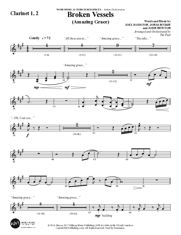 Broken Vessels (Amazing Grace) (Choral Anthem SATB) Clarinet 1/2 (Word Music Choral / Arr. Tim Paul)