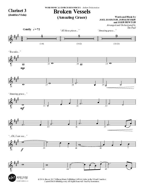Broken Vessels (Amazing Grace) (Choral Anthem SATB) Clarinet 3 (Word Music Choral / Arr. Tim Paul)