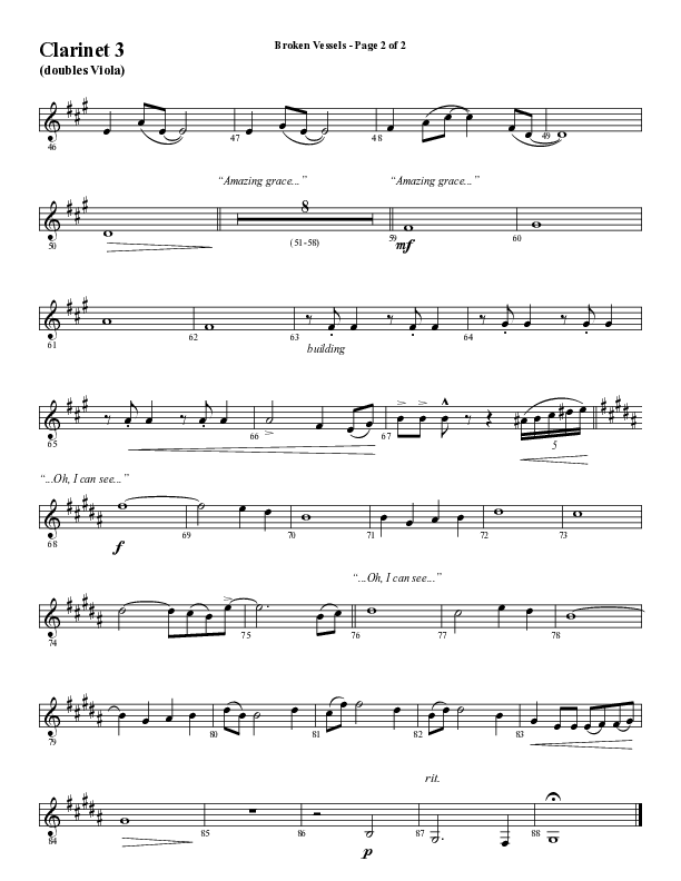 Broken Vessels (Amazing Grace) (Choral Anthem SATB) Clarinet 3 (Word Music Choral / Arr. Tim Paul)