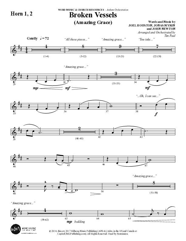 Broken Vessels (Amazing Grace) (Choral Anthem SATB) French Horn 1/2 (Word Music Choral / Arr. Tim Paul)