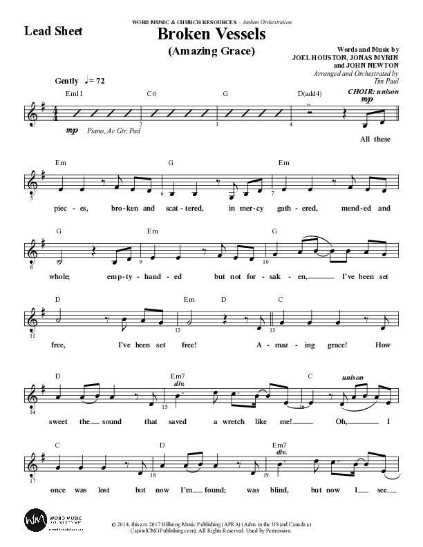 Broken Vessels (Amazing Grace) (Choral Anthem SATB) Lead Sheet (Melody) (Word Music Choral / Arr. Tim Paul)