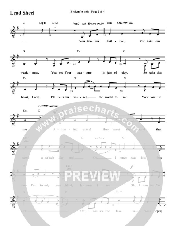 Broken Vessels (Amazing Grace) (Choral Anthem SATB) Lead Sheet (Melody) (Word Music Choral / Arr. Tim Paul)