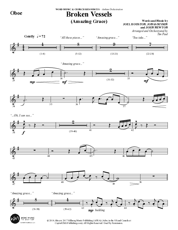 Broken Vessels (Amazing Grace) (Choral Anthem SATB) Oboe (Word Music Choral / Arr. Tim Paul)
