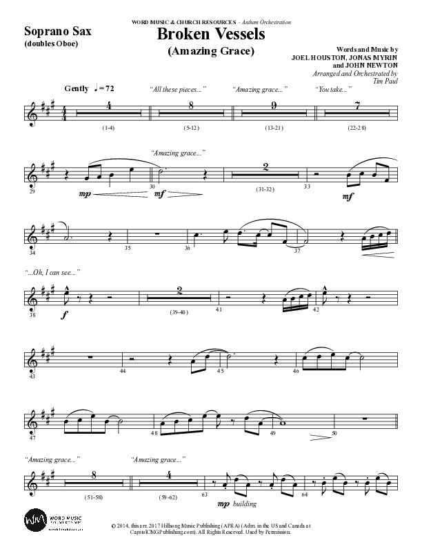 Broken Vessels (Amazing Grace) (Choral Anthem SATB) Soprano Sax (Word Music Choral / Arr. Tim Paul)