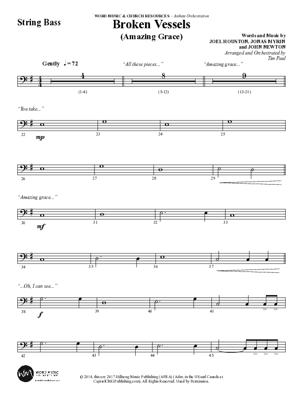 Broken Vessels (Amazing Grace) (Choral Anthem SATB) String Bass (Word Music Choral / Arr. Tim Paul)