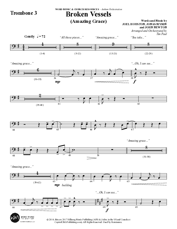 Broken Vessels (Amazing Grace) (Choral Anthem SATB) Trombone 3 (Word Music Choral / Arr. Tim Paul)