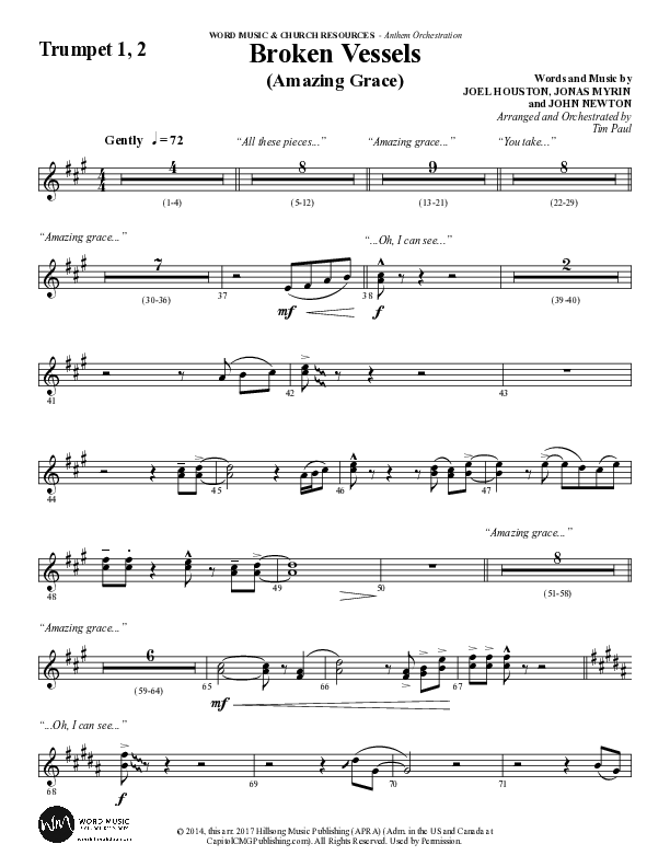 Broken Vessels (Amazing Grace) (Choral Anthem SATB) Trumpet 1,2 (Word Music Choral / Arr. Tim Paul)