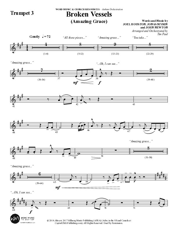 Broken Vessels (Amazing Grace) (Choral Anthem SATB) Trumpet 3 (Word Music Choral / Arr. Tim Paul)