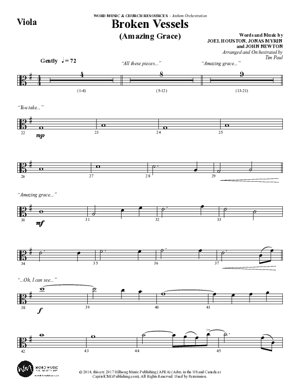 Broken Vessels (Amazing Grace) (Choral Anthem SATB) Viola (Word Music Choral / Arr. Tim Paul)