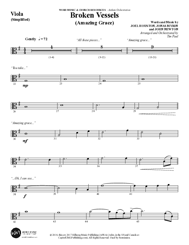 Broken Vessels (Amazing Grace) (Choral Anthem SATB) Viola (Word Music Choral / Arr. Tim Paul)