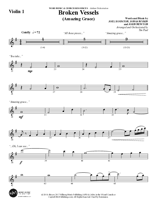 Broken Vessels (Amazing Grace) (Choral Anthem SATB) Violin 1 (Word Music Choral / Arr. Tim Paul)