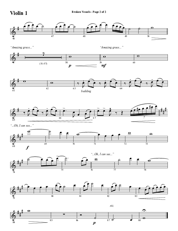 Broken Vessels (Amazing Grace) (Choral Anthem SATB) Violin 1 (Word Music Choral / Arr. Tim Paul)