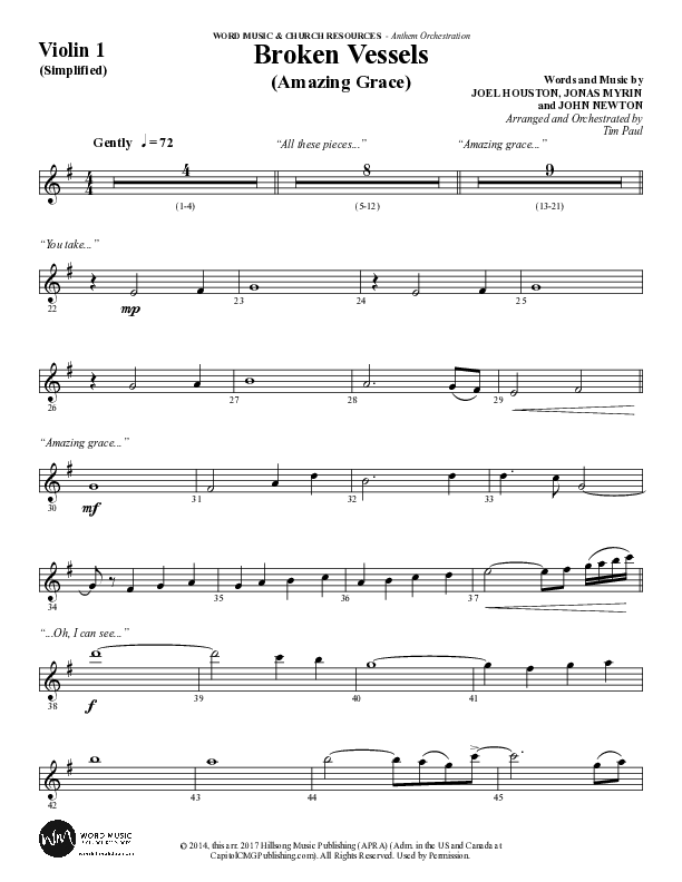 Broken Vessels (Amazing Grace) (Choral Anthem SATB) Violin 1 (Word Music Choral / Arr. Tim Paul)