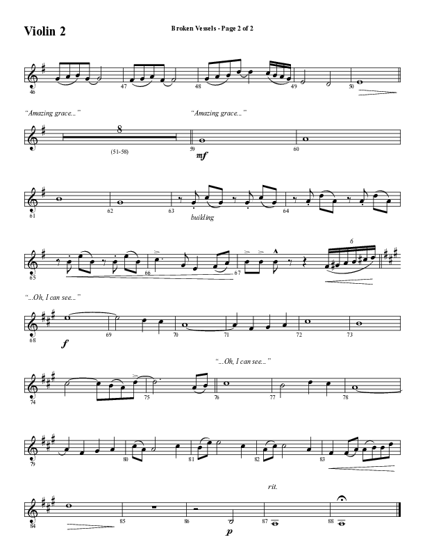 Broken Vessels (Amazing Grace) (Choral Anthem SATB) Violin 2 (Word Music Choral / Arr. Tim Paul)