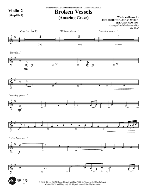 Broken Vessels (Amazing Grace) (Choral Anthem SATB) Violin 2 (Word Music Choral / Arr. Tim Paul)