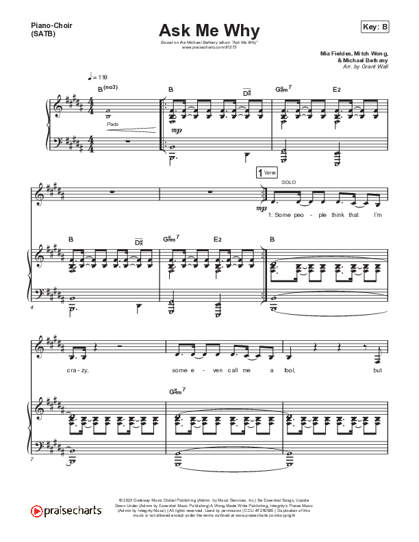 Ask Me Why Piano/Vocal (SATB) (Michael Bethany)