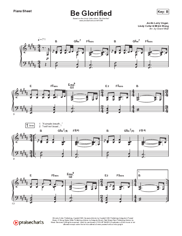 Be Glorified Piano Sheet (Lindy Cofer / Circuit Rider Music)