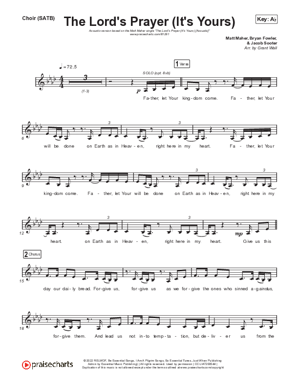 The Lord's Prayer (It's Yours) (Acoustic) Choir Sheet (SATB) (Matt Maher)