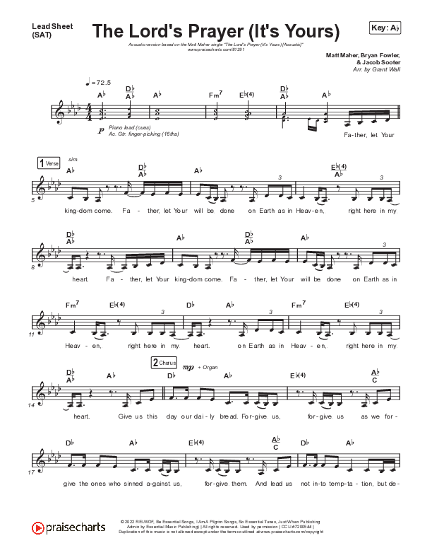 The Lord's Prayer (It's Yours) (Acoustic) Lead Sheet (SAT) (Matt Maher)