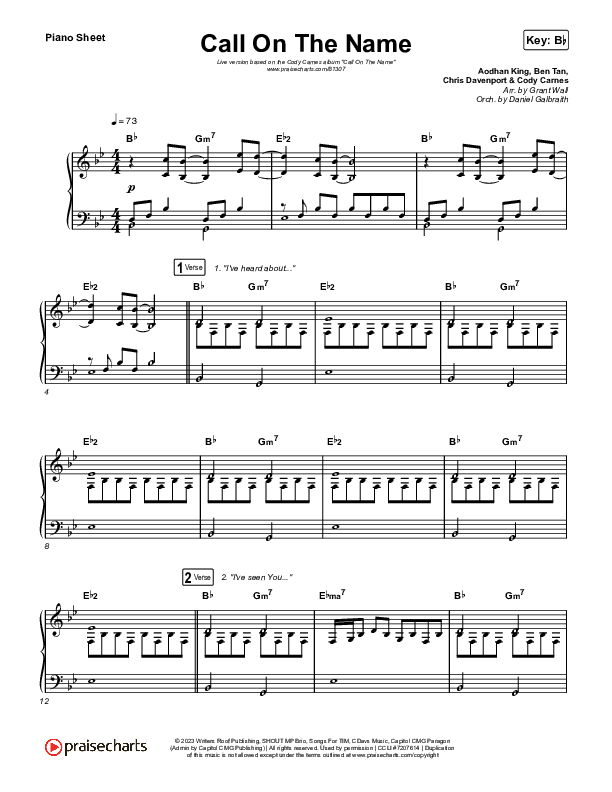 Call On The Name (Live) Piano Sheet (Cody Carnes)
