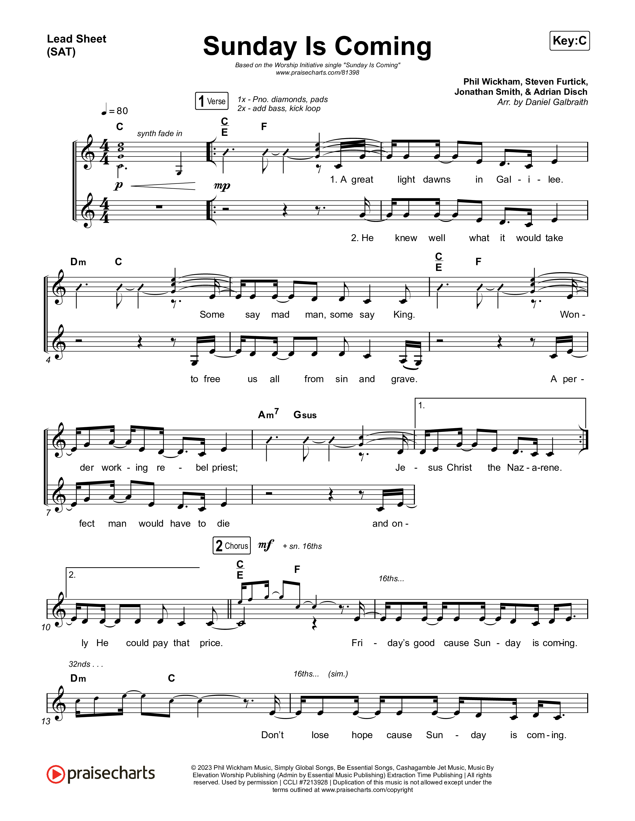 Sunday Is Coming Lead Sheet (SAT) (The Worship Initiative / John Marc Kohl)