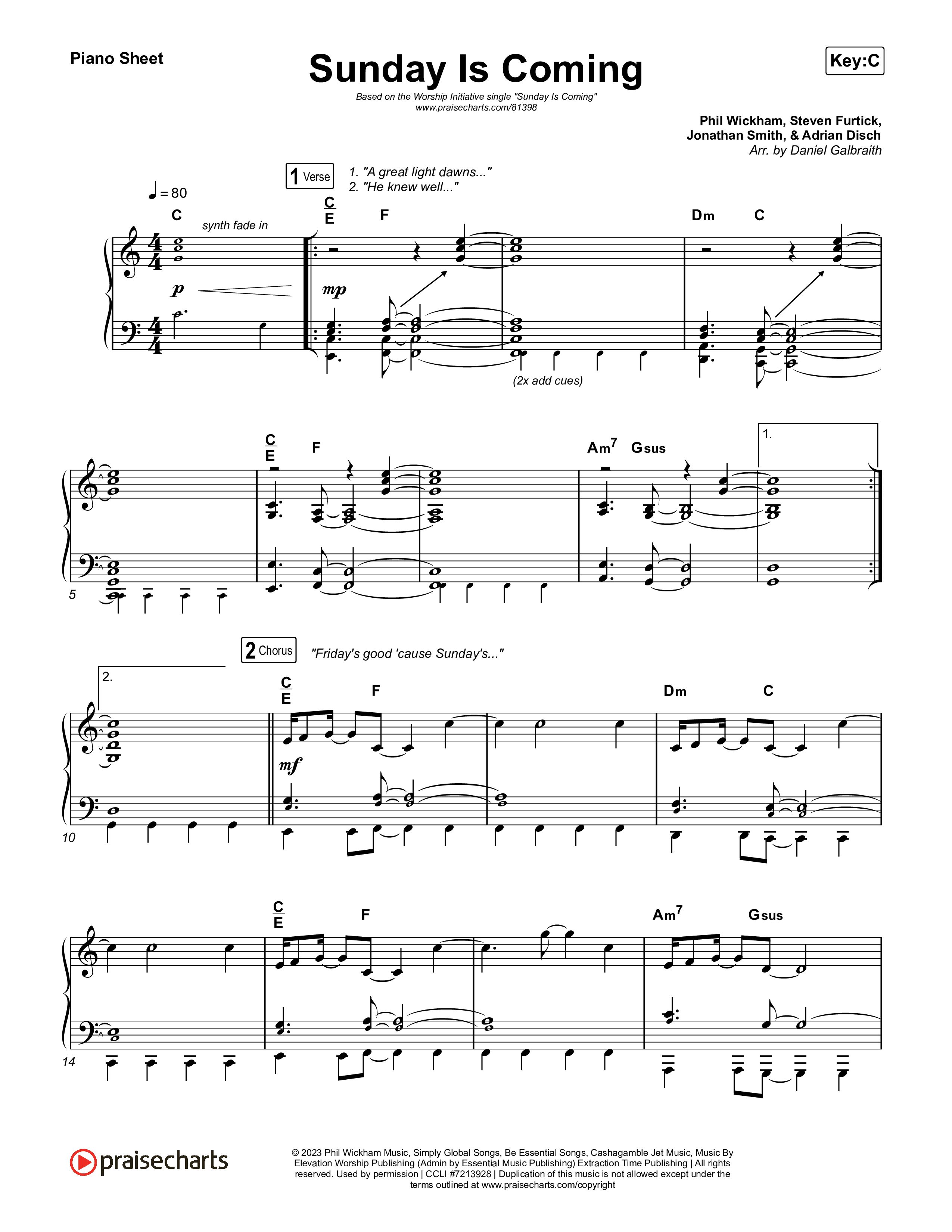 Sunday Is Coming Piano Sheet (The Worship Initiative / John Marc Kohl)