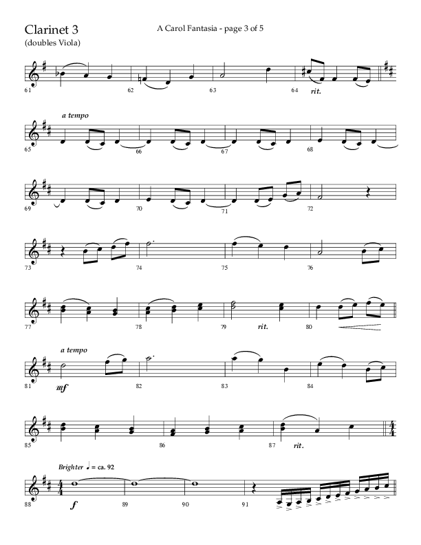 A Carol Fantasia (Choral Anthem SATB) Clarinet 3 (Lifeway Choral / Arr. John Bolin)