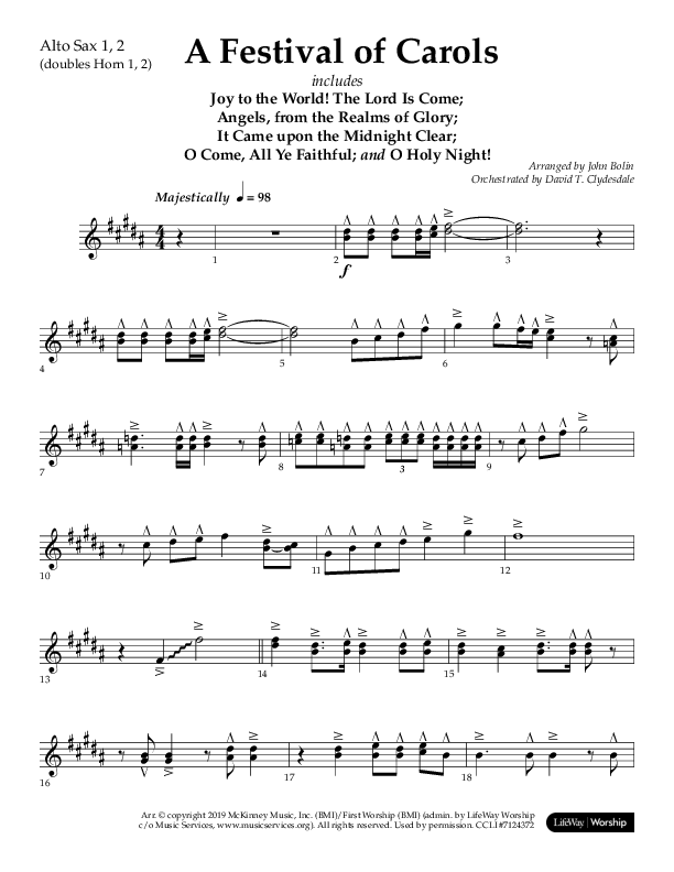 A Festival Of Carols (Choral Anthem SATB) Alto Sax 1/2 (Lifeway Choral / Arr. John Bolin)