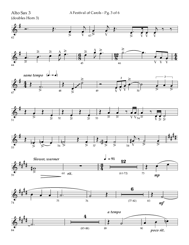 A Festival Of Carols (Choral Anthem SATB) Alto Sax (Lifeway Choral / Arr. John Bolin)