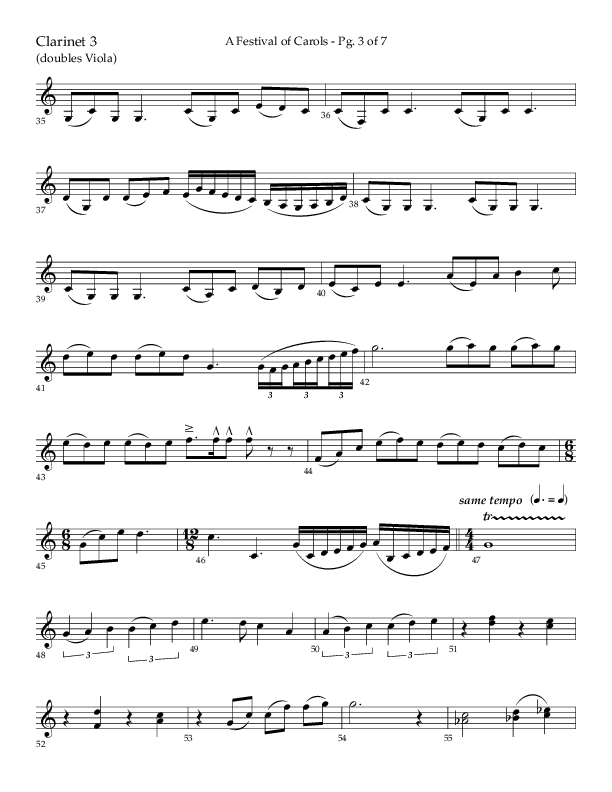 A Festival Of Carols (Choral Anthem SATB) Clarinet 3 (Lifeway Choral / Arr. John Bolin)