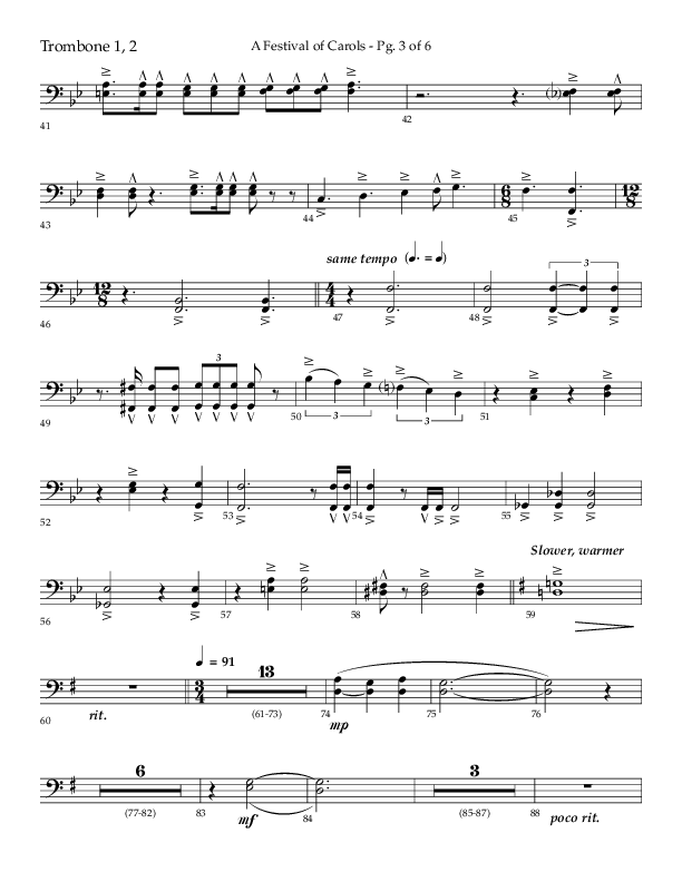 A Festival Of Carols (Choral Anthem SATB) Trombone 1/2 (Lifeway Choral / Arr. John Bolin)